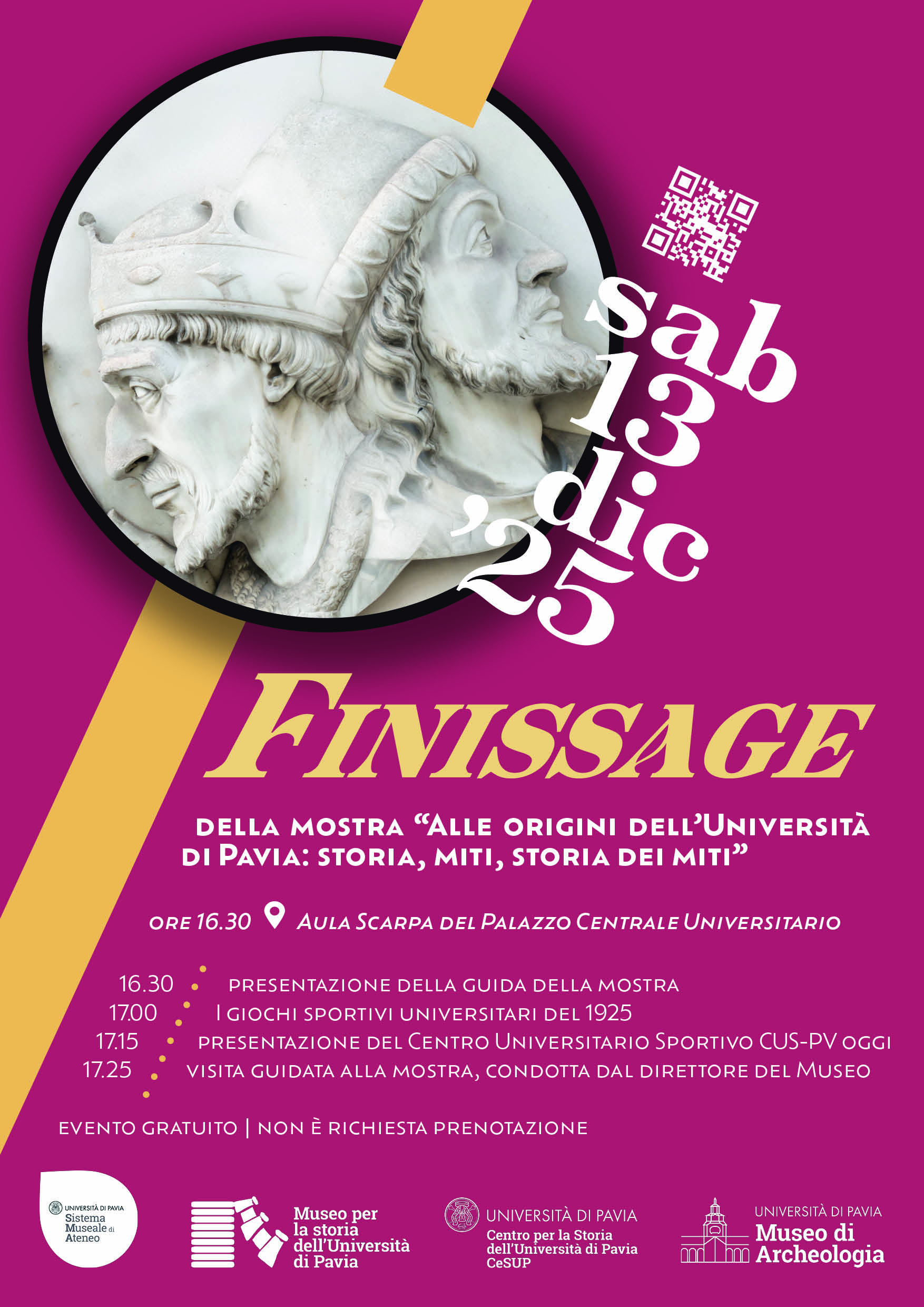 Locandina dell'evento con scaletta delle attività e immagine a sigillo raffigurante i due altorilievi esposti all'ingresso del Palazzo Centrale dell'Università di Pavia